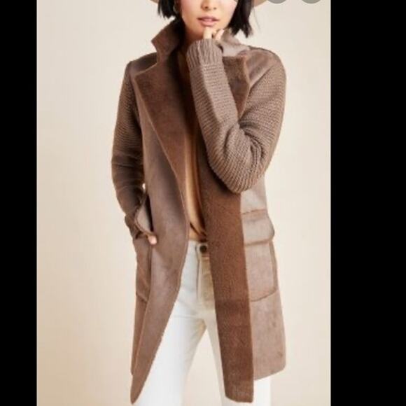 Anthropologie Jackets & Blazers - ANTHROPOLOGIE Piper Open Front Faux Fur Trim Ribbed Sweater Coat Pocket XS Brown